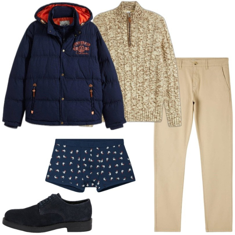 Outfit uomo - Total look #2048470. Stile Casual per Tutti i giorni. Abbinamento con maglieria, piumini, pantaloni chino, boxer, scarpe stringate.