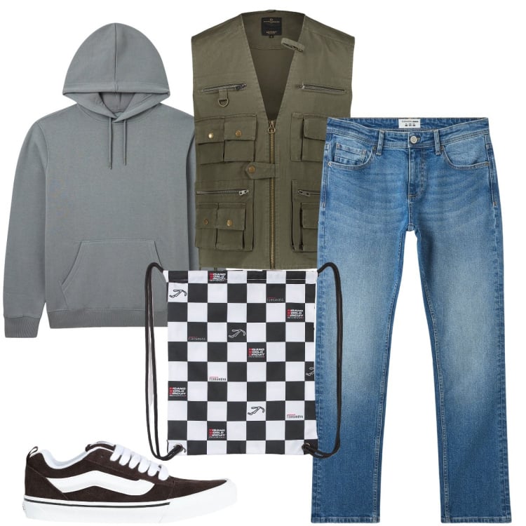 Outfit uomo - Il gilet multitasking. Stile Casual per Tutti i giorni. Abbinamento con sneakers, borse sportive, jeans, felpe con cappuccio, gilet.