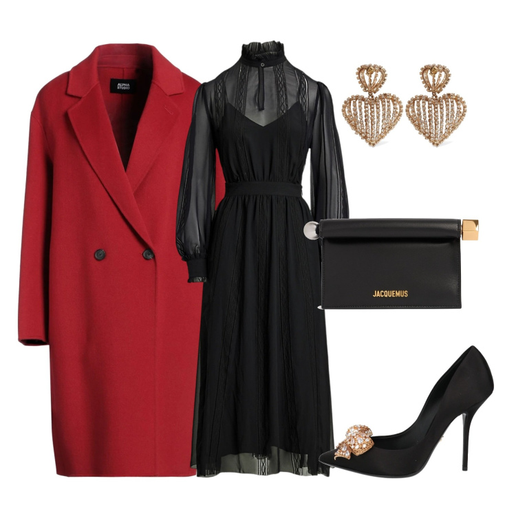 Outfit donna - Cappotto rosso. Stile Chic per Serata fuori. Abbinamento con cappotti, décolleté, vestiti, pochette, orecchini.