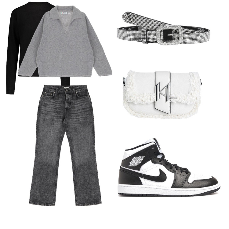 Outfit donna - Un inverno da brivido!. Stile Casual per Tutti i giorni. Abbinamento con borse a spalla, cinture, pullovers, jeans, sneakers, maglieria.