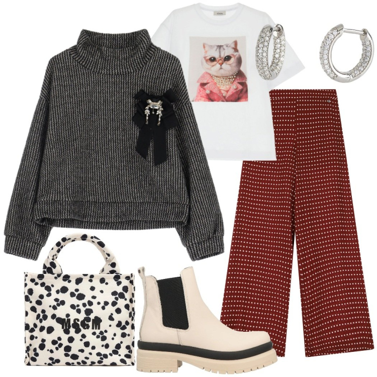 Outfit donna - I pantaloni a pois e la felpa chic. Stile Trendy per Tutti i giorni. Abbinamento con stivaletti, orecchini, pantaloni, felpe, t-shirt, shopping bag.