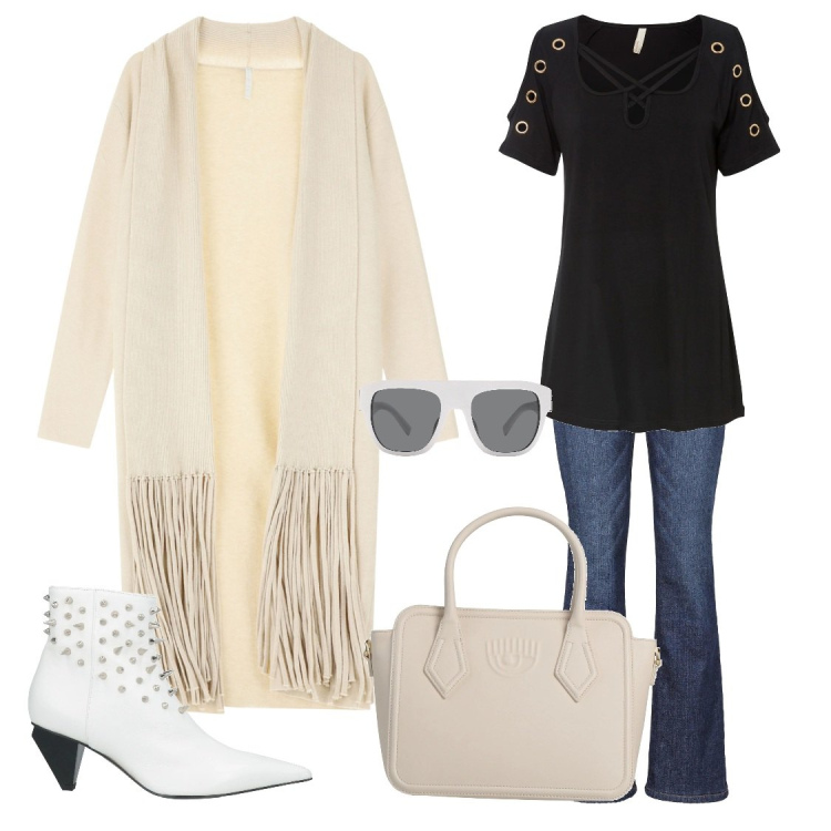 Outfit donna - Frange e borchie. Stile Casual chic per Tutti i giorni. Abbinamento con maglieria, jeans bootcut, occhiali da sole, borse a mano, stivaletti, cardigans.