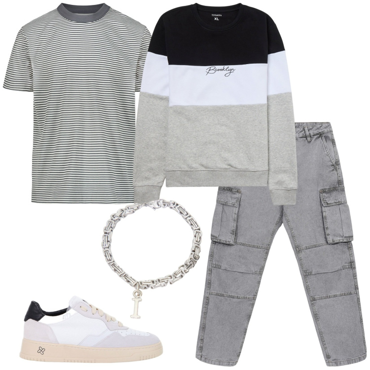 Outfit uomo - Young man. Stile Casual per Tutti i giorni. Abbinamento con felpe, jeans, sneakers, braccialetti, t-shirt.