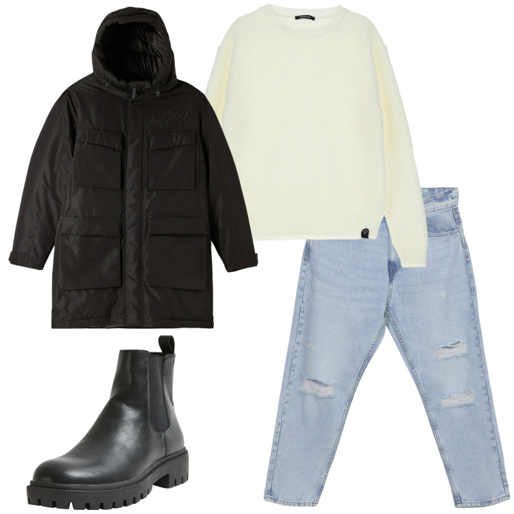 Outfit uomo - Total look #2048530. Stile Casual per Tutti i giorni. Abbinamento con stivali e stivaletti, parka, jeans strappati, maglieria.