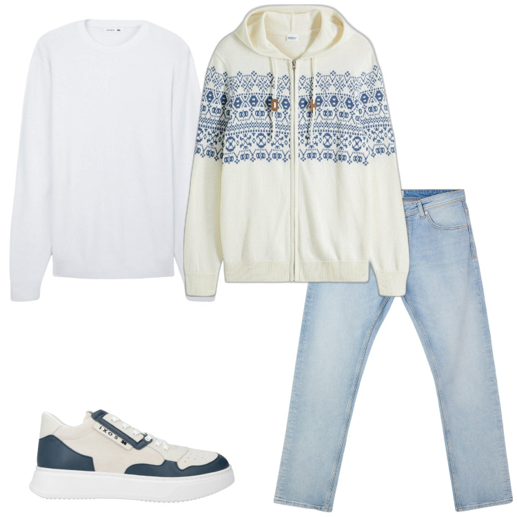 Outfit uomo - Total look #2048541. Stile Casual per Tutti i giorni. Abbinamento con cardigans, sneakers, jeans, maglieria.