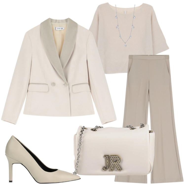 Outfit donna - Cerimonia invernale. Stile Chic per Cerimonia. Abbinamento con décolleté, borse a tracolla, blazer, collane, maglieria, pantaloni.