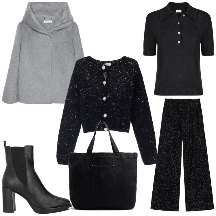 Outfit donna - Subito pronta. Stile Casual chic per Ufficio. Abbinamento con stivaletti chelsea, pantaloni a palazzo, cardigans, polo, cappe, shopping bag.