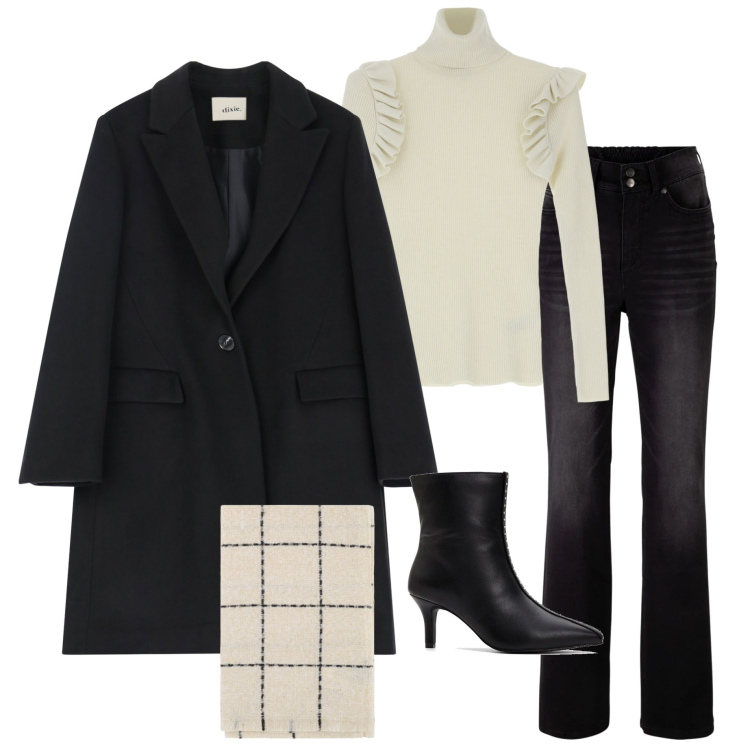 Outfit donna - Black and White. Stile Casual chic per Ufficio. Abbinamento con jeans bootcut, stivaletti, maglieria, sciarpe, cappotti.