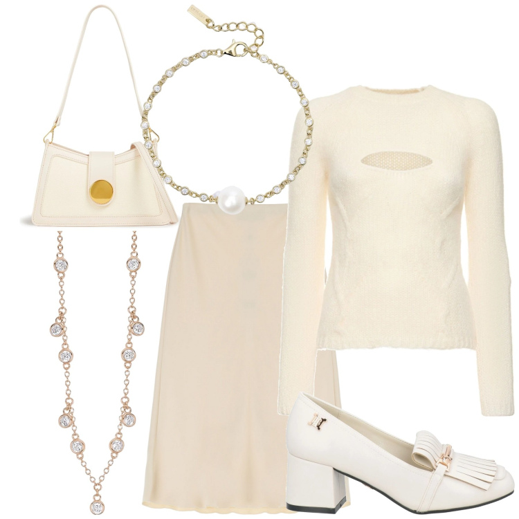 Outfit donna - Signora in bianco. Stile Glamour per Tutti i giorni. Abbinamento con borse a spalla, mocassini, braccialetti, collane, gonne, maglieria.