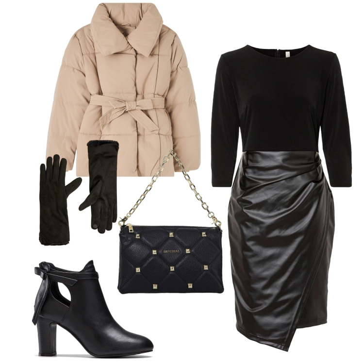 Outfit donna - Cena fuori in inverno. Stile Chic per Serata fuori. Abbinamento con vestiti, stivaletti, piumini, guanti, borse a spalla.