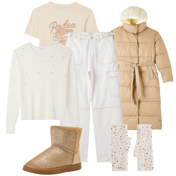 Outfit donna - Contro il freddo. Stile Casual per Tutti i giorni. Abbinamento con maglieria, pantaloni cargo, blazer, guanti, stivali, t-shirt.