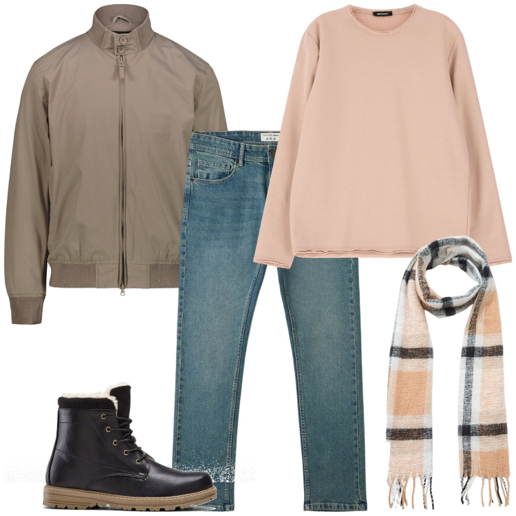 Outfit uomo - Pull color salmone. Stile Casual per Tutti i giorni. Abbinamento con stivali e stivaletti, jeans, sciarpe, felpe, giacche.