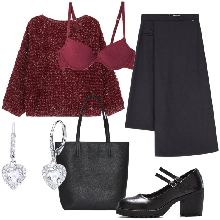 Outfit donna - Cena romantica. Stile Urban per Serata fuori. Abbinamento con décolleté, borse tote, reggiseni, orecchini, maglieria, gonne.
