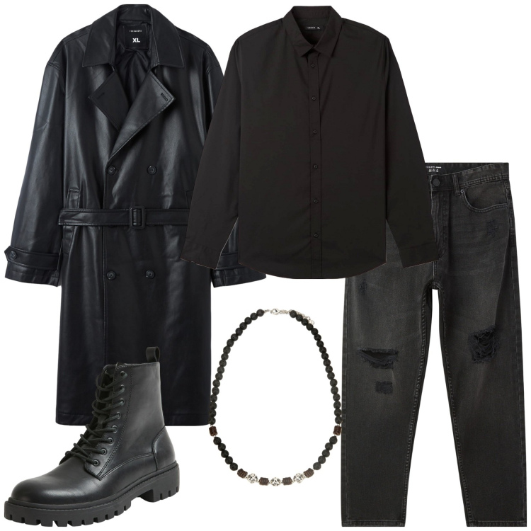 Outfit uomo - Dark, misterioso. Stile Biker Rock per Serata speciale. Abbinamento con jeans strappati, trench, camicie, anfibi, collane.