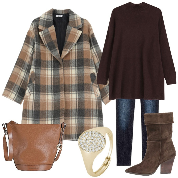 Outfit donna - Toni marroni per il cappotto a quadri. Stile Casual per Tutti i giorni. Abbinamento con jeggings, stivaletti, borse a spalla, anelli, cappotti, maglieria.
