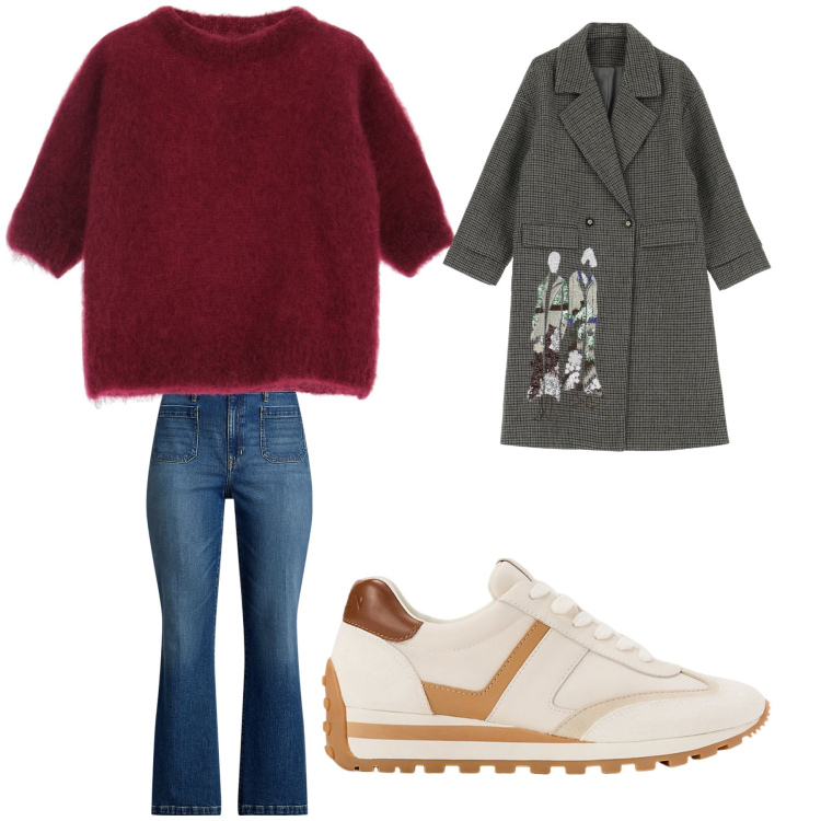 Outfit donna - Aperitivo. Stile Trendy per Tutti i giorni. Abbinamento con maglieria, trench, sneakers, jeans.