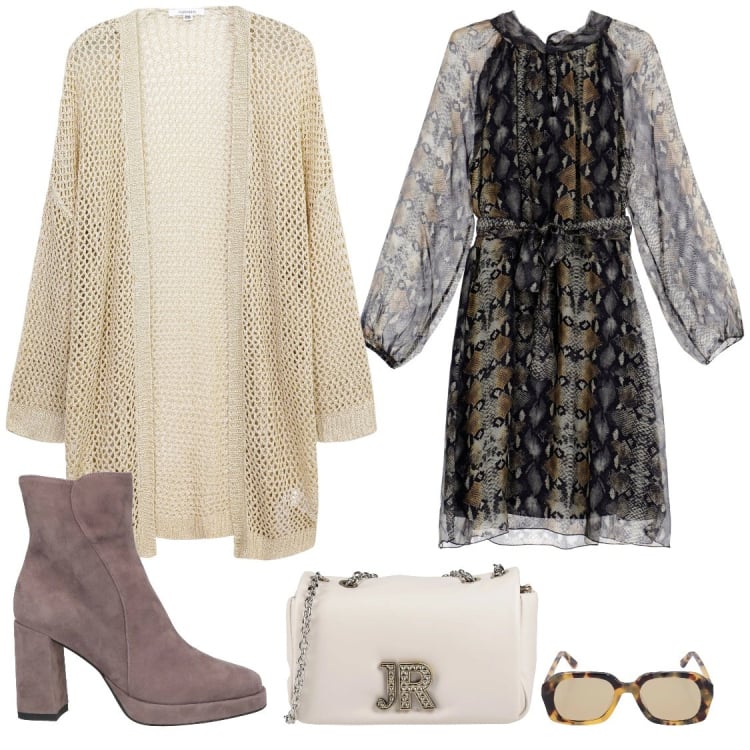 Outfit donna - Toni del bianco. Stile Casual chic per Tutti i giorni. Abbinamento con borse a tracolla, stivaletti, kimono, vestiti, occhiali da sole.
