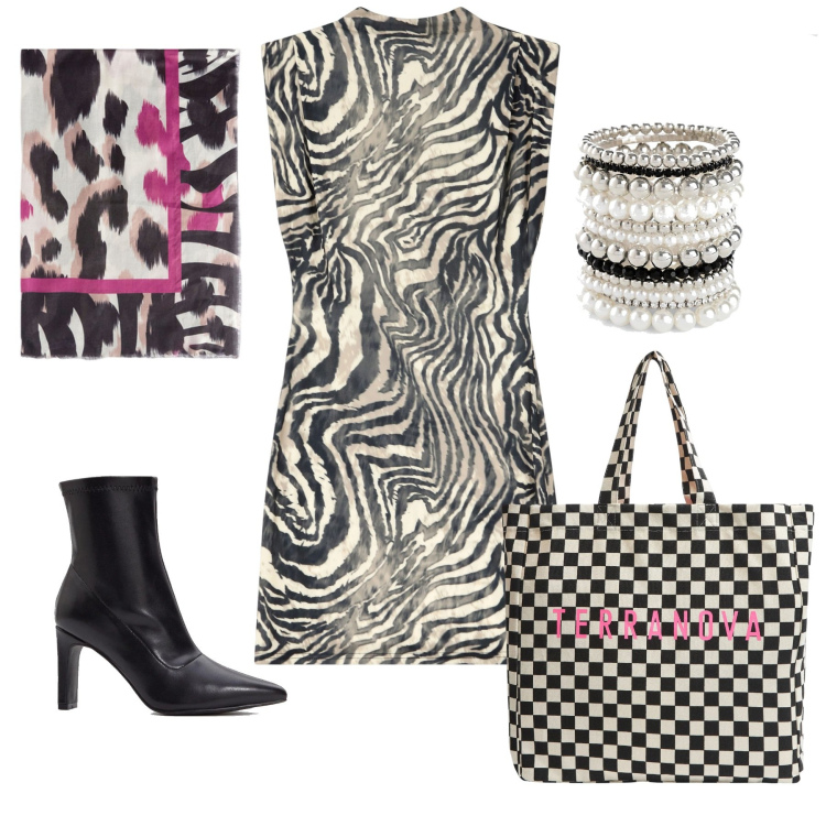 Outfit donna - Optical. Stile Etnico per Tutti i giorni. Abbinamento con braccialetti, stivaletti, shopping bag, vestiti corti, foulard.