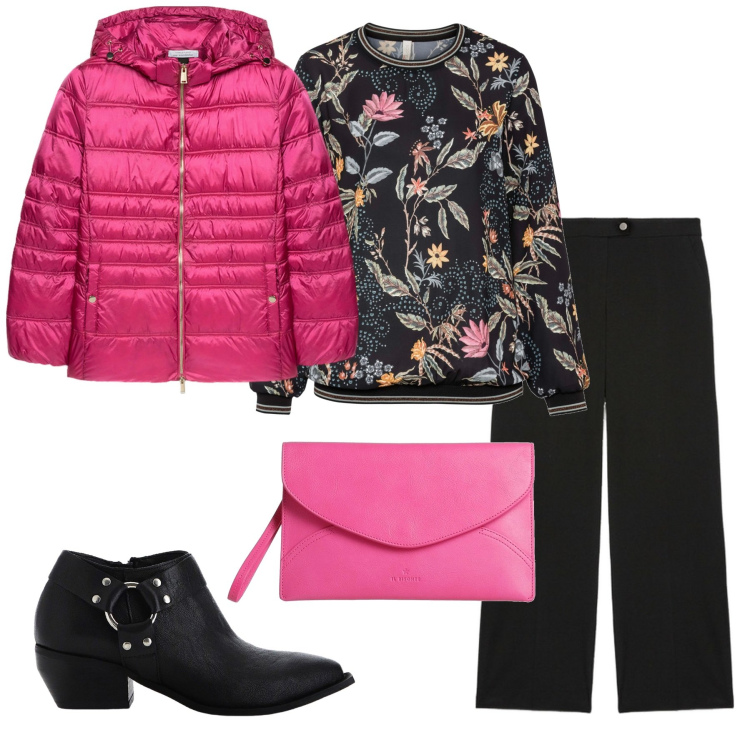 Outfit donna - Floreale. Stile Casual chic per Tutti i giorni. Abbinamento con bluse, borse a mano, stivaletti, pantaloni a palazzo, piumini.
