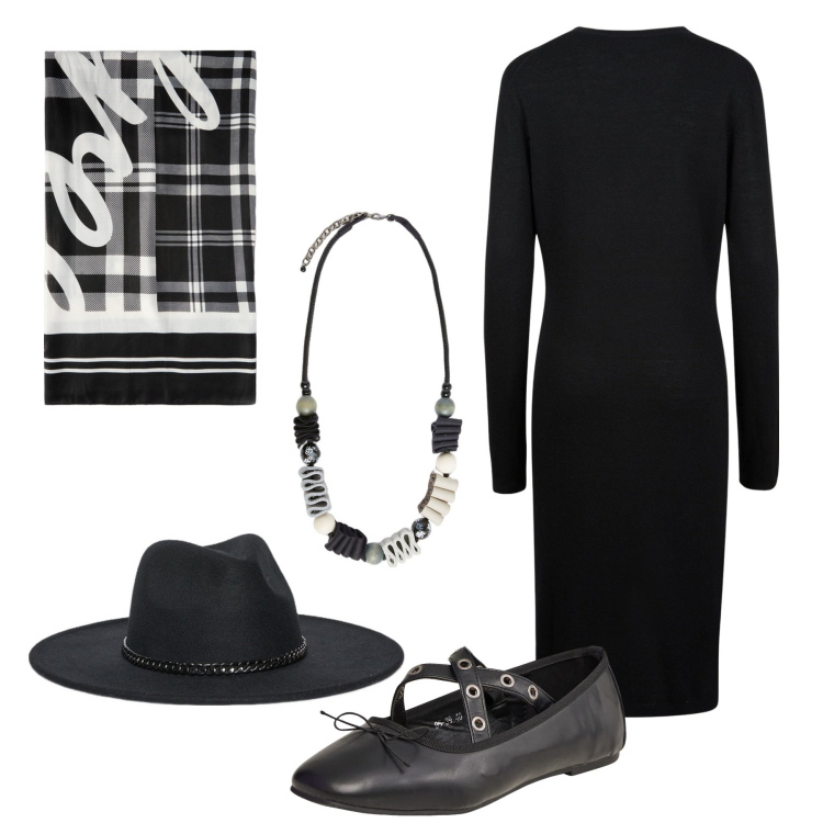 Outfit donna - Total look #2048638. Stile Boho per Ufficio. Abbinamento con ballerine, vestiti midi/longuette, collane, cappelli, sciarpe.