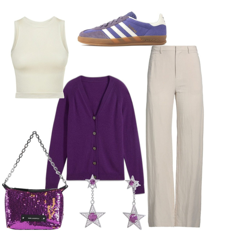 Outfit donna - A casa di amici. Stile Bon Ton per Tutti i giorni. Abbinamento con cardigans, borse a mano, pantaloni, orecchini, sneakers, canottiere.