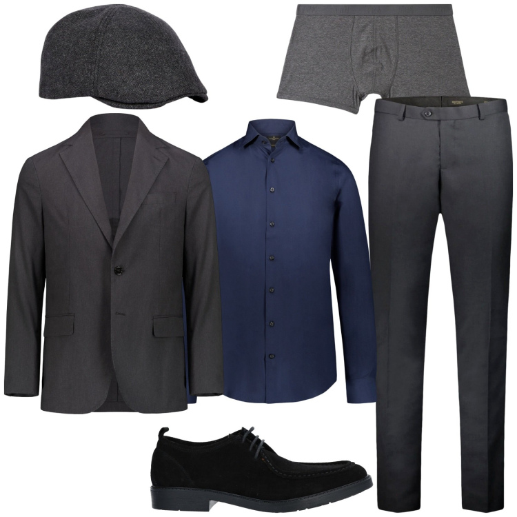 Outfit uomo - Eleganza senza tempo. Stile Business/Elegante per Tutti i giorni. Abbinamento con scarpe stringate, boxer, giacche, camicie, cappelli con visiera, pantaloni.
