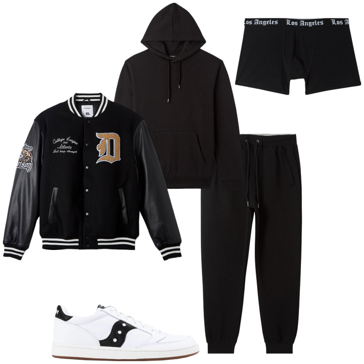 Outfit uomo - Total look #2048652. Stile Casual per Sport. Abbinamento con sneakers, boxer, felpe con cappuccio, bomber, pantaloni.