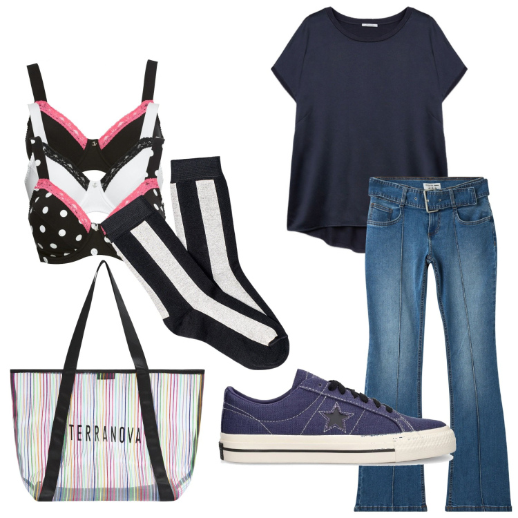 Outfit donna - A fare compere. Stile Casual per Tutti i giorni. Abbinamento con reggiseni, jeans a zampa, shopping bag, t-shirt, sneakers, collant.