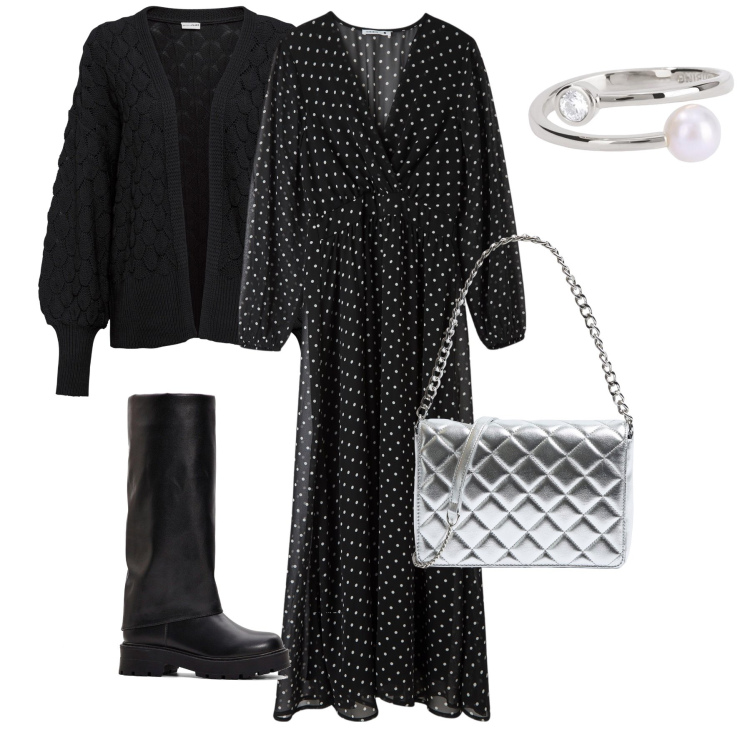 Outfit donna - Il vestito a pois. Stile Casual chic per Serata fuori. Abbinamento con cardigans, stivali, vestiti lunghi, borse a tracolla, anelli.