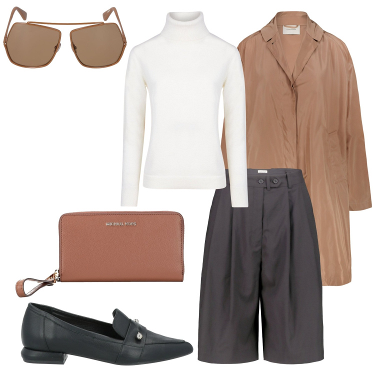 Outfit donna - Ufficio. Stile Casual per Ufficio. Abbinamento con portafogli, mocassini, trench, maglieria, bermuda, occhiali da sole.