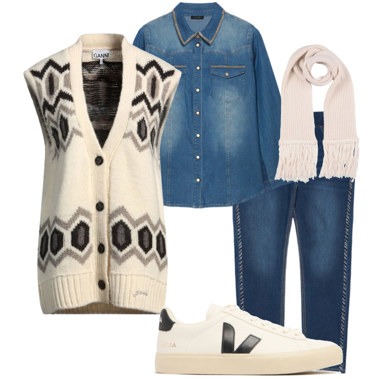 Outfit donna - Casual chic. Stile Casual chic per Ufficio. Abbinamento con cardigans, sciarpe, camicie, jeggings, sneakers.