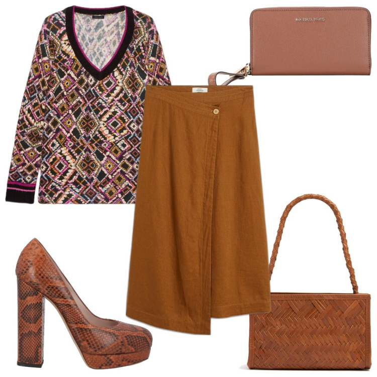 Outfit donna - Total look #2048691. Stile Trendy per Tutti i giorni. Abbinamento con gonne, décolleté, portafogli, maglieria, borse a mano.