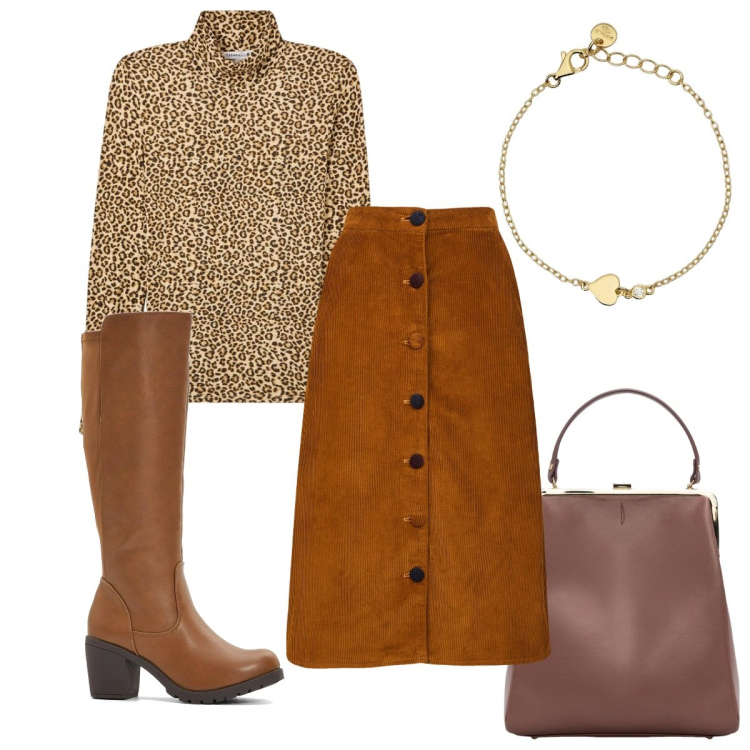 Outfit donna - Total look #2048696. Stile 70s per Tutti i giorni. Abbinamento con stivali, t-shirt, braccialetti, gonne longuette, borse a spalla.