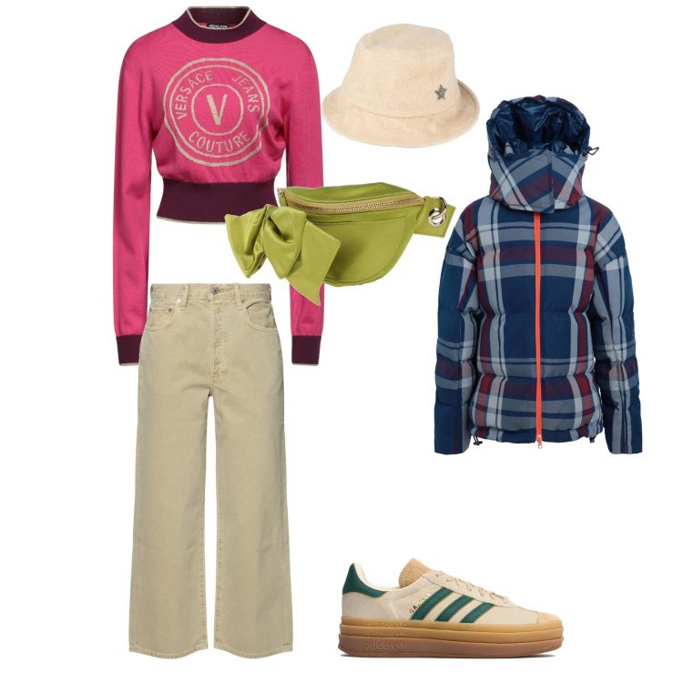 Outfit donna - Versace. Abbinamento con pullovers, piumini, cappelli con visiera, marsupi, jeans, sneakers.