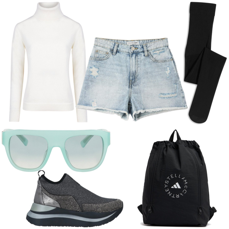 Outfit donna - Weekend. Stile Basic per Tutti i giorni. Abbinamento con collant, occhiali da sole, sneakers, shorts, maglieria, zaini.