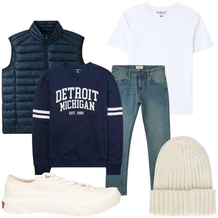 Outfit uomo - Totalmente casual. Stile Casual per Tutti i giorni. Abbinamento con sneakers, t-shirt, jeans, gilet, felpe, berretti.