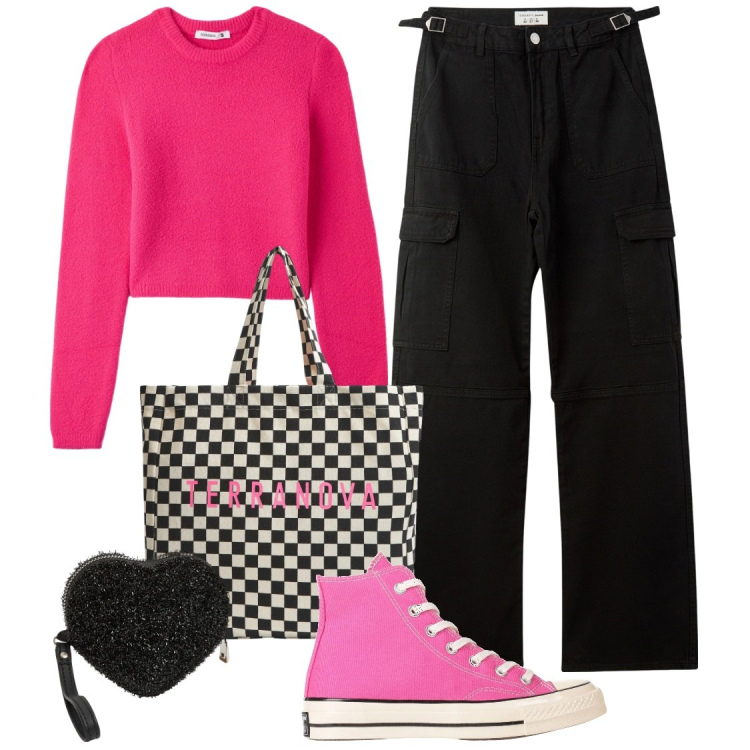 Outfit donna - La spesa con la borsa eco. Stile Casual per Tutti i giorni. Abbinamento con sneakers alte, portafogli, maglieria, pantaloni cargo, shopping bag.