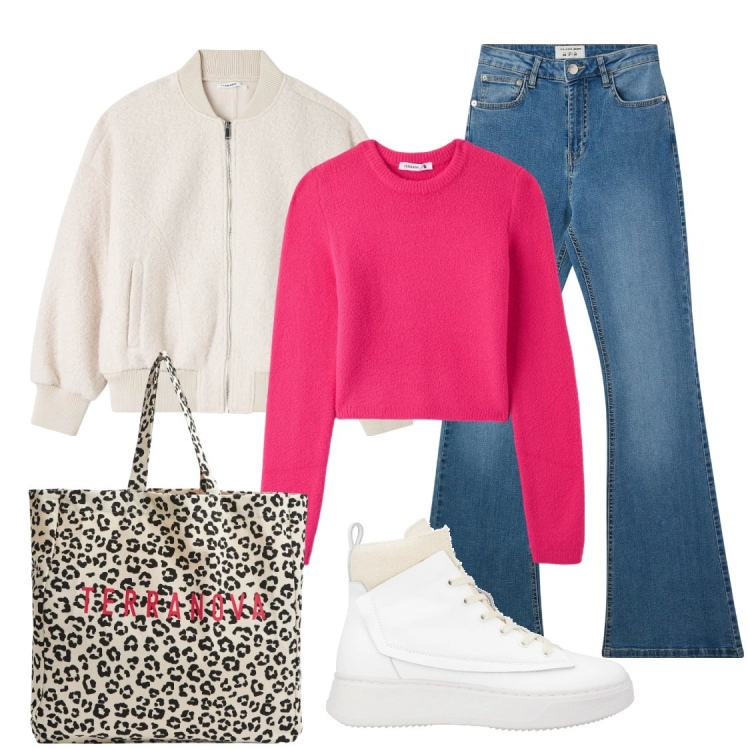 Outfit donna - Spesa con la borsa eco. Stile Casual per Tutti i giorni. Abbinamento con sneakers alte, jeans a zampa, maglieria, bomber, shopping bag.