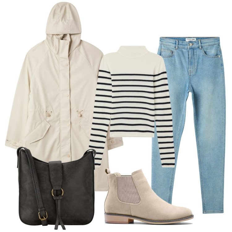 Outfit donna - City. Stile Casual per Tutti i giorni. Abbinamento con borse a tracolla, stivaletti chelsea, jeans skinny, maglieria, cappotti.