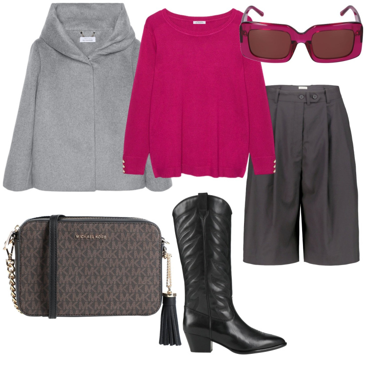 Outfit donna - Città. per Tutti i giorni. Abbinamento con borse a tracolla, stivali, bermuda, maglieria, cappe, occhiali da sole.