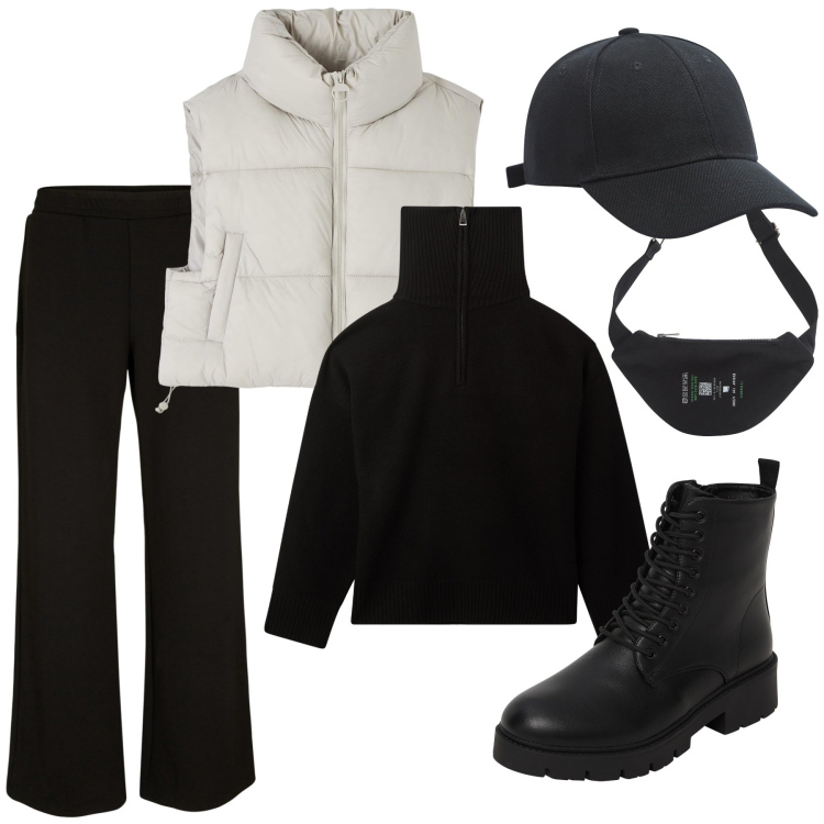Outfit donna - Stile e libertà. Stile Sporty chic per Tutti i giorni. Abbinamento con pantaloni a palazzo, piumini, cappelli, marsupi, maglieria, anfibi.