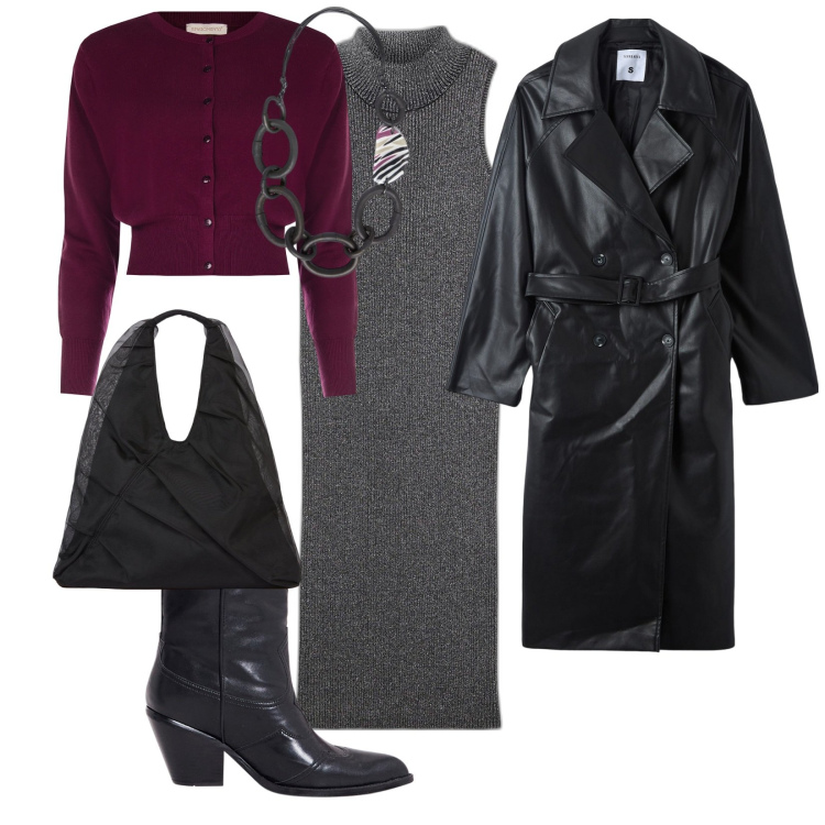 Outfit donna - I giorni della merla. per Ufficio. Abbinamento con vestiti, trench, cardigans, stivaletti texani, shopping bag, collane.
