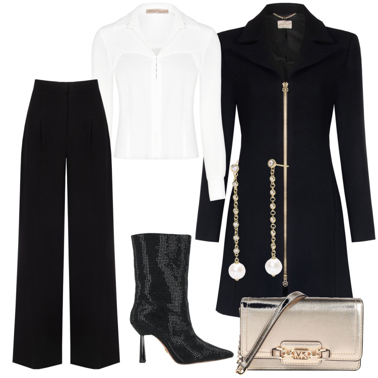 Outfit donna - Raffinata ed impeccabile. Stile Glamour per Serata fuori. Abbinamento con borse a mano, stivaletti, orecchini, bluse, cappotti, pantaloni a palazzo.