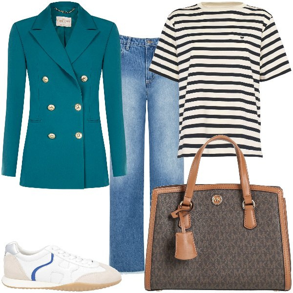 Outfit donna - Total look #2048738. per Ufficio. Abbinamento con sneakers, borse a mano, jeans dritti, blazer, t-shirt.