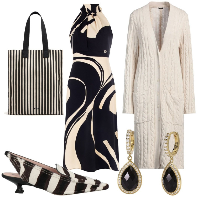 Outfit donna - Cerimonia in primavera. Stile Glamour per Cerimonia. Abbinamento con cardigans, décolleté, orecchini, vestiti midi/longuette, shopping bag.