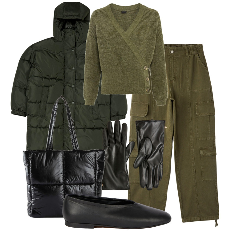 Outfit donna - Total look #2048762. Stile Casual per Tutti i giorni. Abbinamento con maglieria, shopping bag, pantaloni cargo, guanti, blazer, ballerine.