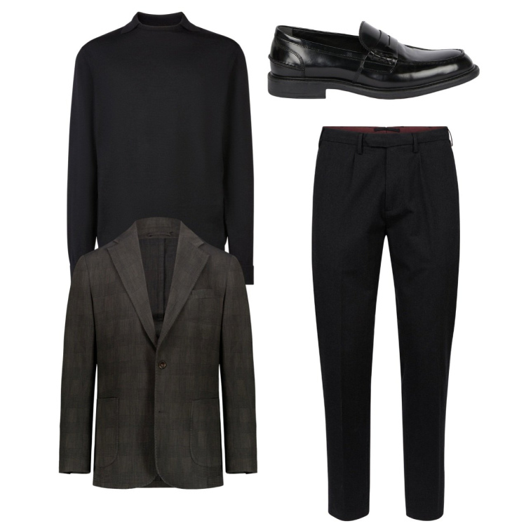 Outfit uomo - City. Stile Trendy per Tutti i giorni. Abbinamento con giacche, pantaloni, maglieria, scarpe stringate.