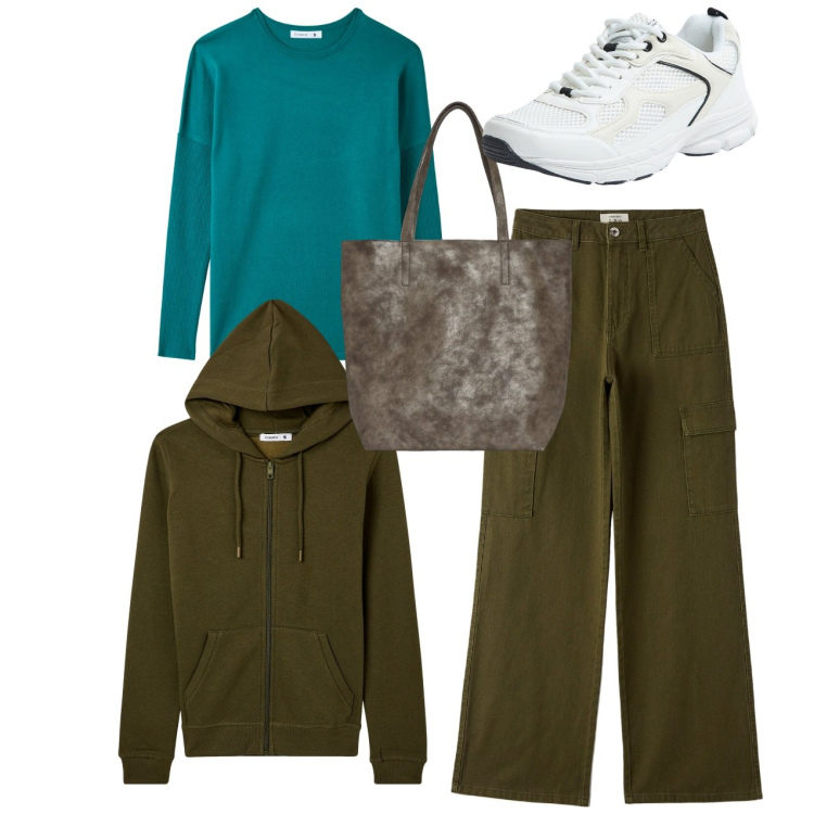 Outfit donna - Total look. Stile Urban per Scuola/Università. Abbinamento con shopping bag, maglieria, pantaloni cargo, sneakers, felpe con cappuccio.