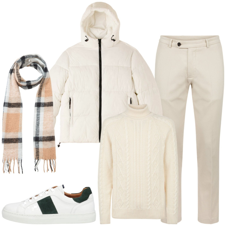 Outfit uomo - Total look #2048781. Stile Casual per Ufficio. Abbinamento con sneakers, piumini, sciarpe, maglieria, pantaloni.