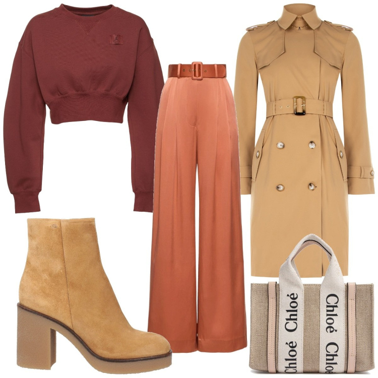 Outfit donna - Total look #2048782. Stile 70s per Tutti i giorni. Abbinamento con stivaletti, trench, borse a mano, pantaloni, felpe.